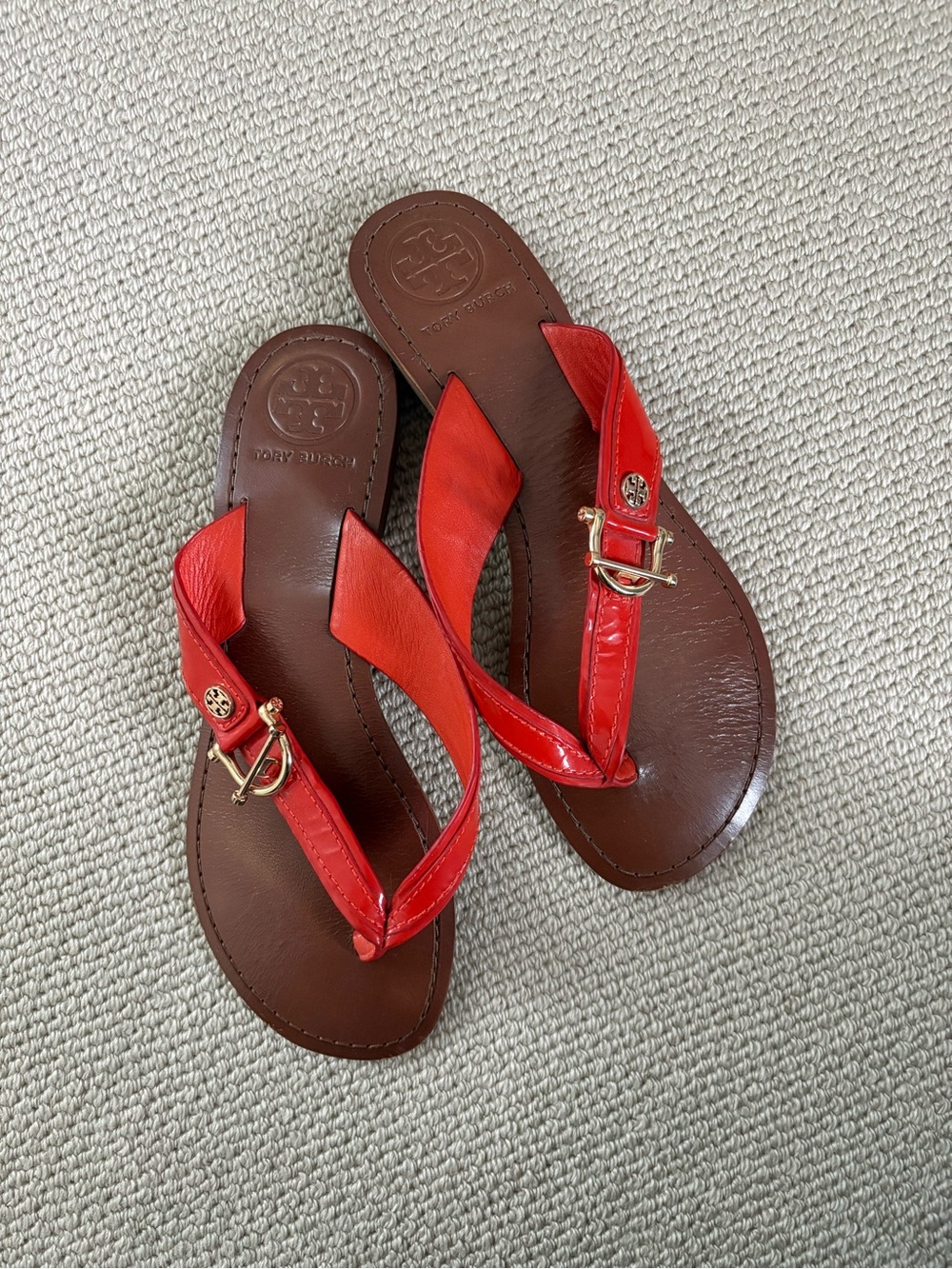 Tory Burch Red Leather Thong Sandals with Gold Hardware
